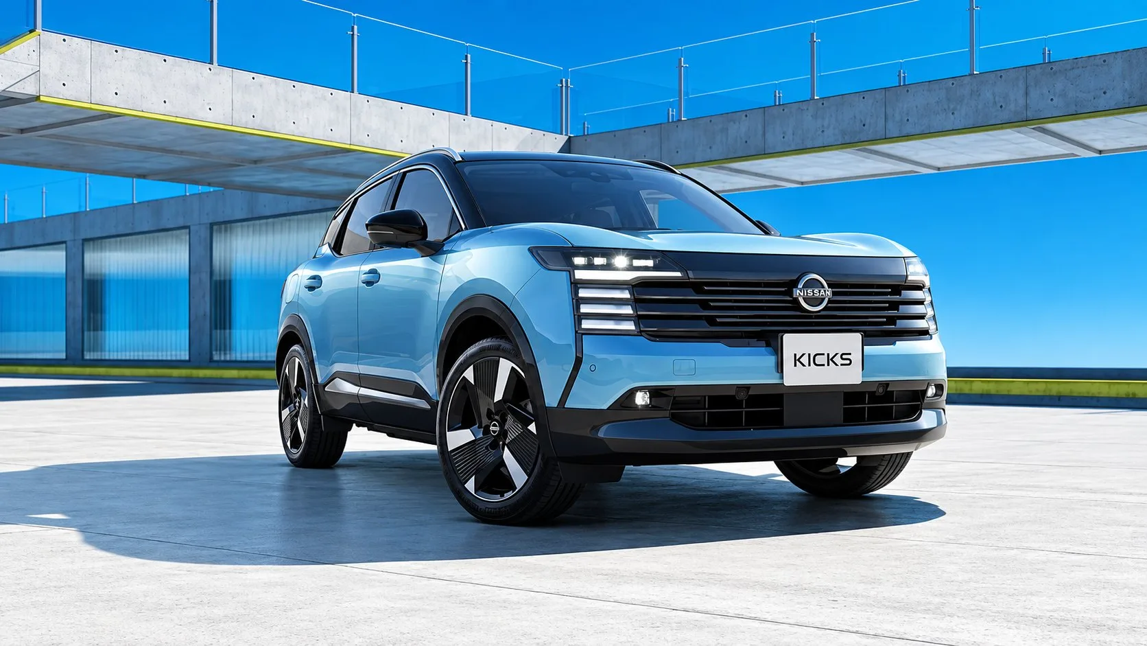 NISSAN KICKS in Hellblau, Dreiviertelansicht von vorn rechts